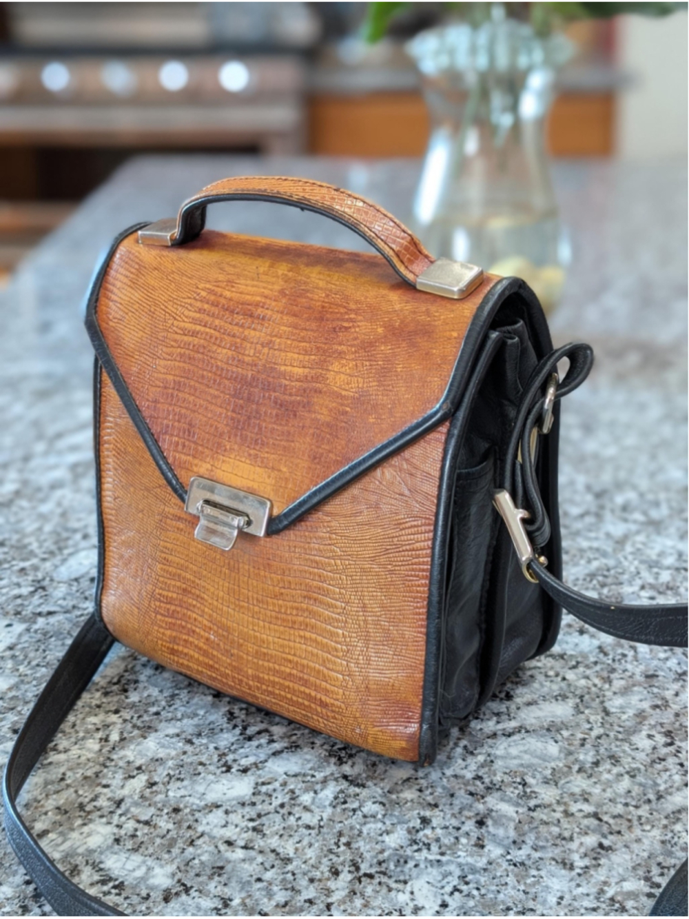 Vintage Roche Leather Crossbody Purse 1980s Structured Handbag Brown Lizard Embo